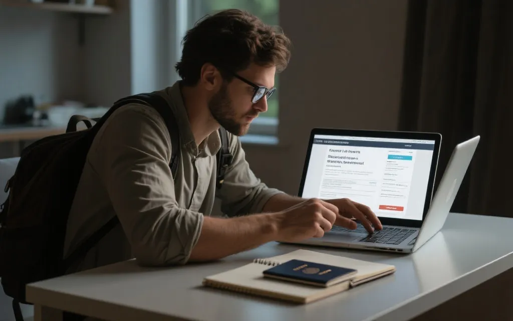 观赛者在电脑前核对订单与退款条款，桌上有护照与记事本，冷静审查氛围