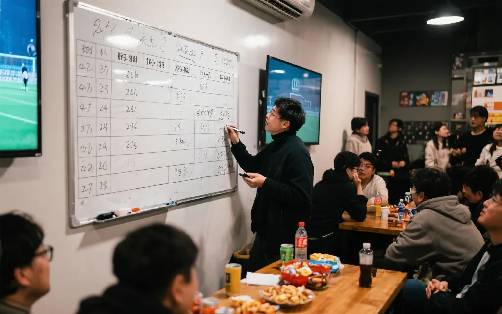 线下观赛活动中，白板记录竞猜比分与积分榜的画面